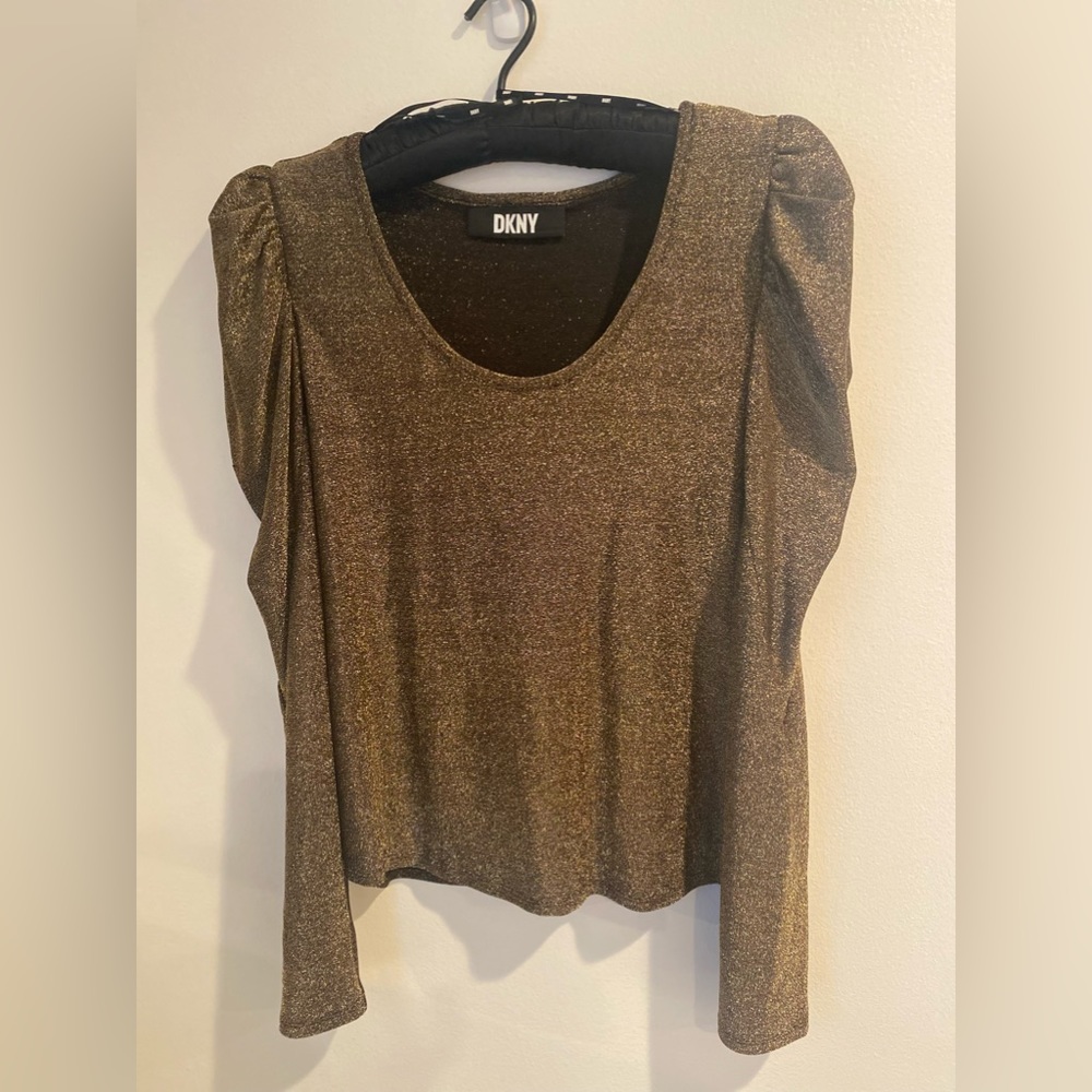 DKNY sparkle puff shoulder top in black/gold